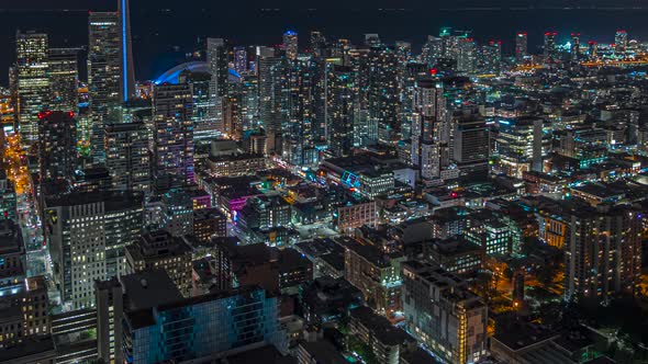 Downtown Toronto Time Lapse High View Of Tall Buildings At Night 