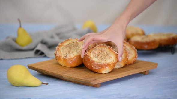 Freshly Baked Sweet Cheese Filled Buns With Pears.
