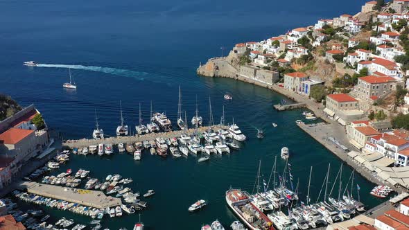 Aerial View of Hydra Old Town and Marina or Seaport Greece  Drone Videography alt
