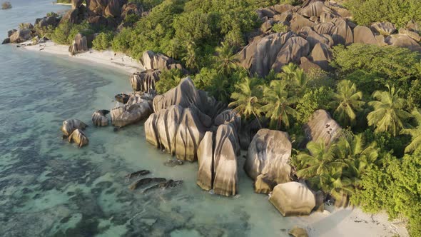 Aerial view of a beach, La Digue and Inner Islands, Seychelles. alt
