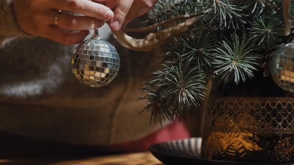 Girl Hangs a Christmas Decoration on the Christmas Tree alt