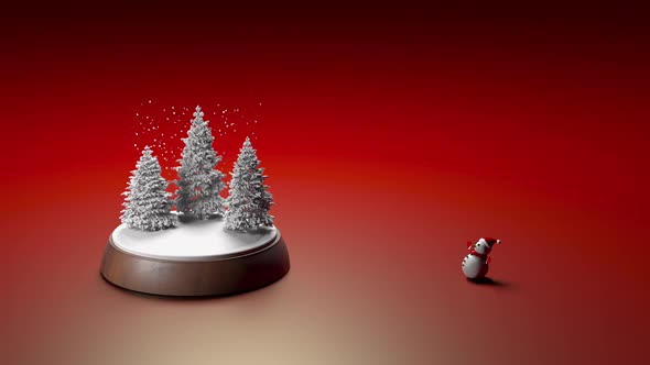 A Christmas toy to which a snowman runs and takes its place.
