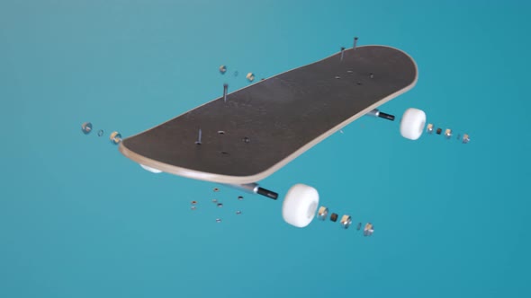 Skateboard assembly process. Elements of the board combining in order. Render 4k alt