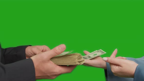A woman demands money from a man, close-up, chroma key alt