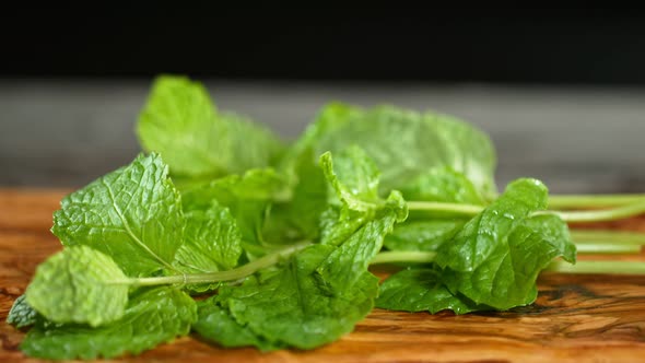 Super Slow Motion Shot of Fresh Mint Falling on Wooden Cutting Board at 1000Fps alt