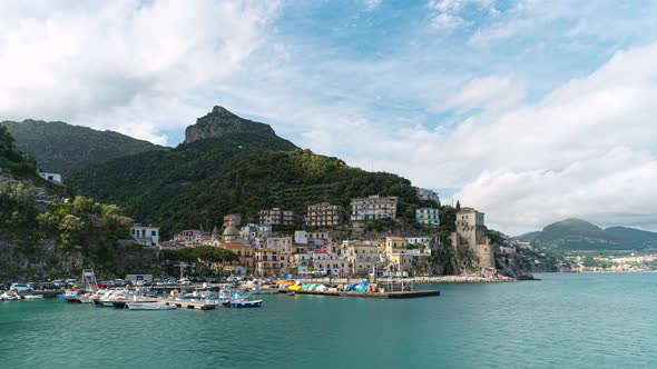 Cetara, Italy. View from the sea of the seaside village of Cetara with the marina on the right. alt