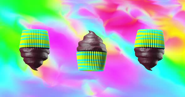 Minimal animation design. 3d creative chocolate muffin cake on gradient space. 