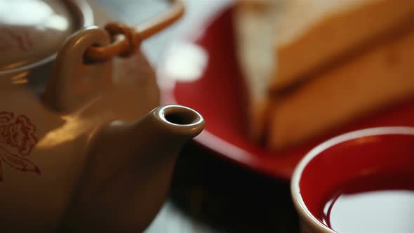 Black Tea And Cake. Morning Composition On The Table For The Background