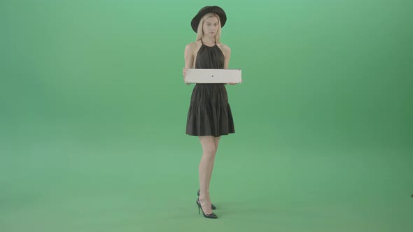 Elegant Luxury Top Model Posing With Advertising Text Plane Mockup Template in Hands alt