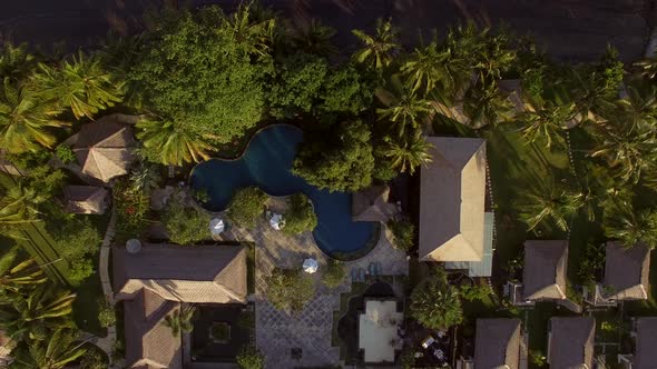 Aerial view above of traditional bungalow resort, Bali island, Indonesia. alt