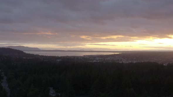 Coastal Sunset Aerial Looking Towards Downtown Bellingham Bay Washington alt