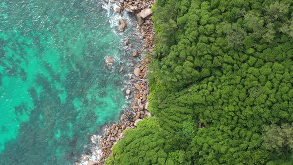 Aerial view of turquoise blue waters and coastline of forest Praslin Seychelles.