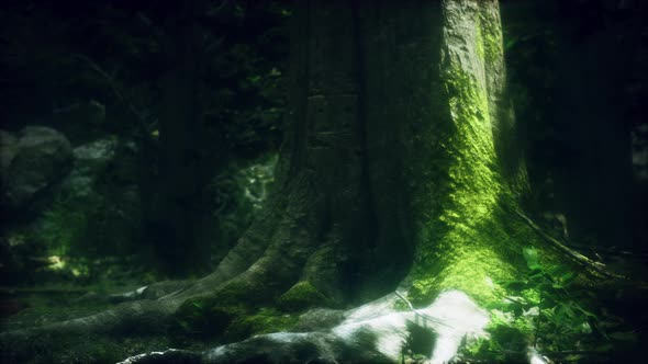 Tree Roots and Sunshine in a Green Forest alt