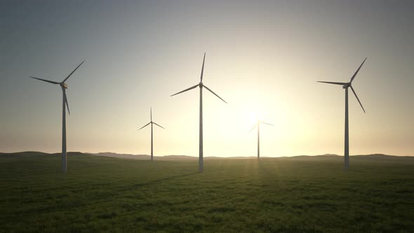 Wind Turbines On Grass Sunrise 4k