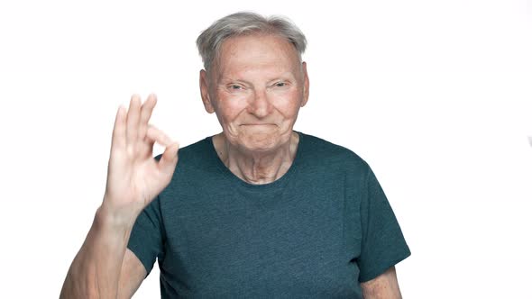 Portrait of Cheerful Retired Man 80s Having Gray Hair and Blue Eyes Smiling While Showing Ok Symbol alt