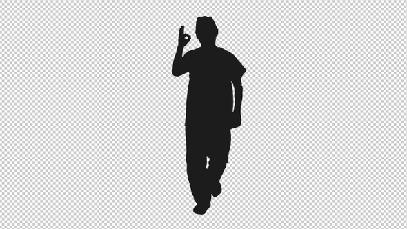 Silhouette of Man Moving Forward and Showing Ok Sign, Alpha Channel