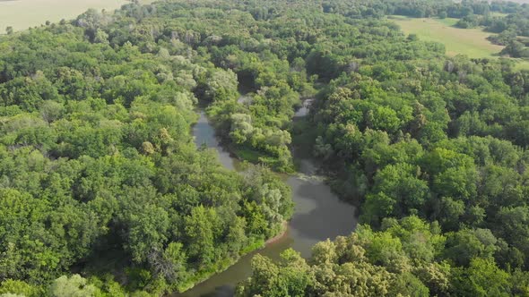 An Aerial View. Beautiful Summer Landscape in the Middle Strip of Russia. Along the Narrow, Winding alt