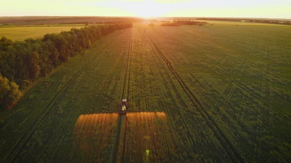 Aerial View of Farming Tractor Spraying on Field with Sprayer Herbicides and Pesticides at Sunset alt