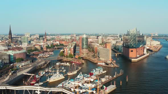 Aerial View of the Port of Hamburg and the City of Hamburg on a Nice Fine Day with a Clear Cloudless alt
