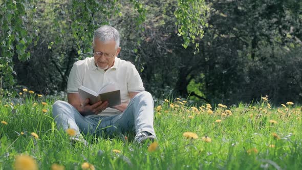 An Elderly Whitehaired Man with a Beard Sitting Alone on the Grass in a Nature Park with a Book