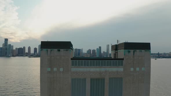 Aerial Drone Shot Ascending past the Holland Tunnel Exhaust Tower (Hudson River, Manhattan, NY)