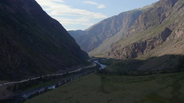 Valley Chulyshman with river and and mountains with blue clear sky in Altai