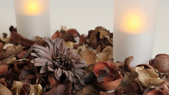 Relaxing lights from LED candles shallow DOF 4K 2160p 30fps UltraHD tilting footage - Fragrant petal alt