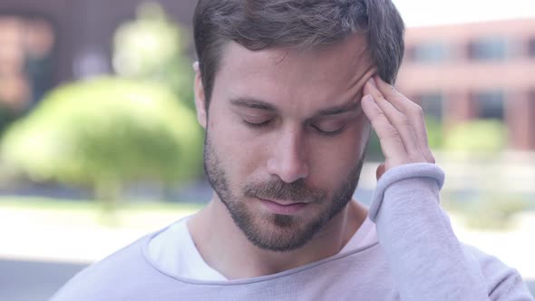 Tense Handsome Man With Headache Standing Outside Office, Stock Footage