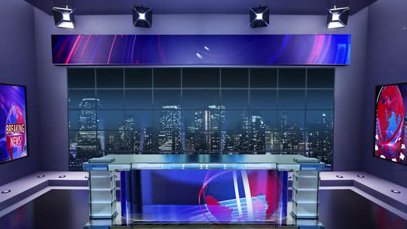 3D Virtual News Studio. Announcer Table With Night City Background And Floodlights 12 alt