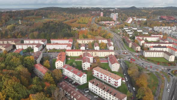 Residential Area in Autumn Foliage Typical Nordic Aerial Forward