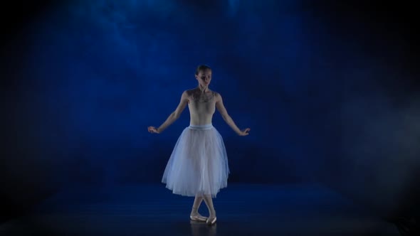 Pretty Ballerina in White Tutu Performing Classical Ballet. Slow Motion. alt