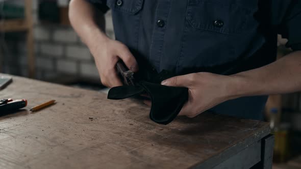 Shoemaker Makes Leather Shoes for Men Sole of Shoe Handmade Craft DIY Process Craftsman Making Boots alt