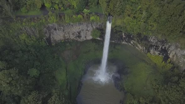 Aerial footage of Bride Veil Waterfall in New Zealand
