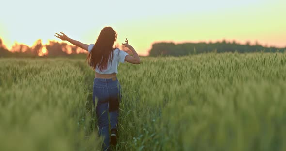 Happy Young Woman is Running on Field of Rye or Wheat in Sunset Rear View  Prores alt