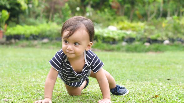 Charming Baby Boy Crawling on the Lawn Outside in the Garden at Daytime