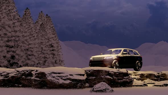 Evening Luxury Black Luxury Off-Road Vehicle in Snowy Mountain Area