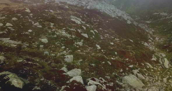 Alpine Mountain Foggy Road. Misty Landscape. Snowy Hazy Peaks in Brumous Cloudy Chamonix. Northern alt