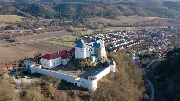Aerial view of castle in village Slovenska Lupca alt