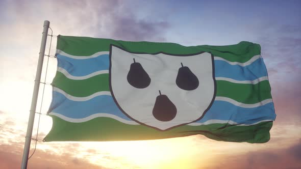 Worcestershire Flag England Waving in the Wind Sky and Sun Background alt