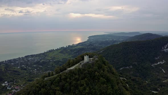 Drone Shows Old Beauty of Anacopia Fortress and Amazing Black Sea with Long Coast Line Connecting alt