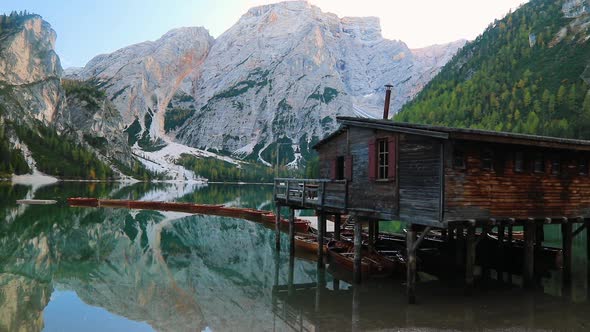 Lake Braies Pragser Wildsee in Dolomites at Sunset, Sudtirol, Italy alt