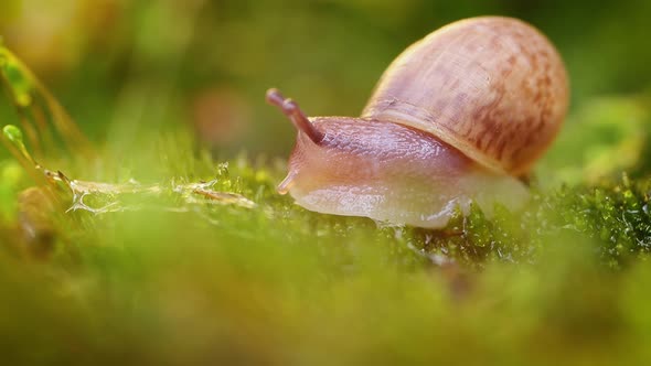 Closeup of a Snail Slowly Creeping in the Sunset Sunlight alt
