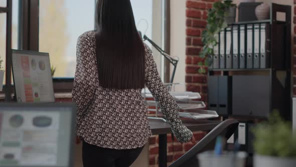 Business Woman Using Computer to Plan Charts Analysis alt