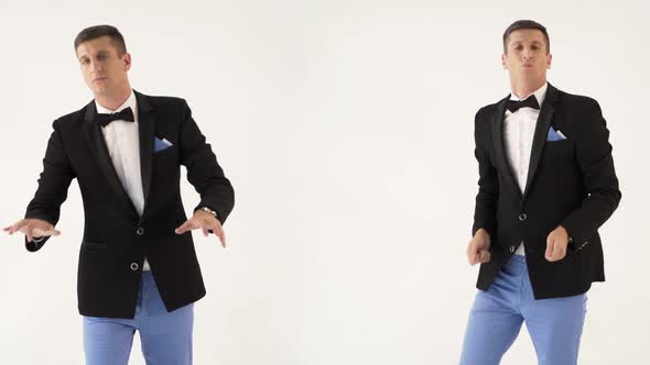 Two Talented People in Black Jackets and White Shirts are Parodying Musicians alt