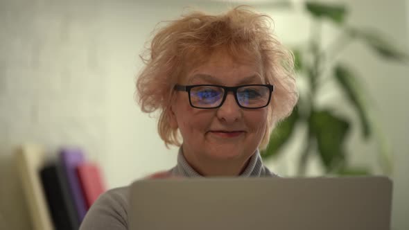 Head Shot Mature Woman Looking at Camera and Talking Grandmother Chatting with Relative Online alt