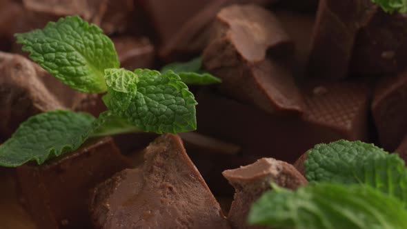 Chunks of chocolate with mint leaves, close-up