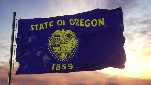Flag of Oregon Waving in the Wind Against Deep Beautiful Sky at Sunset alt
