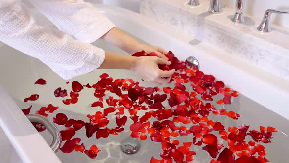 Women Hands in Bathrobe Scattering Flower Red Petals on Bathtub alt