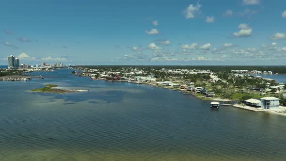 Aerial approach towards Cotton Bayou in Orange Beach, Alabama alt