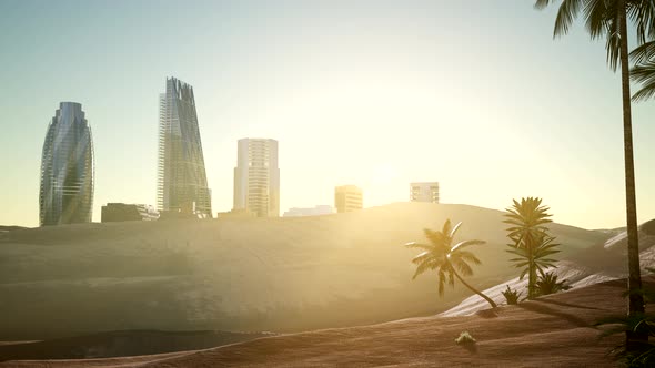 City Skyscrapes in Desert at Sunset alt